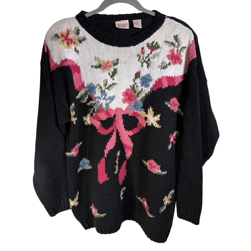 Huntington Ridge Vintage Floral Bow Knit Sweater Black White Ramie Cotton Large